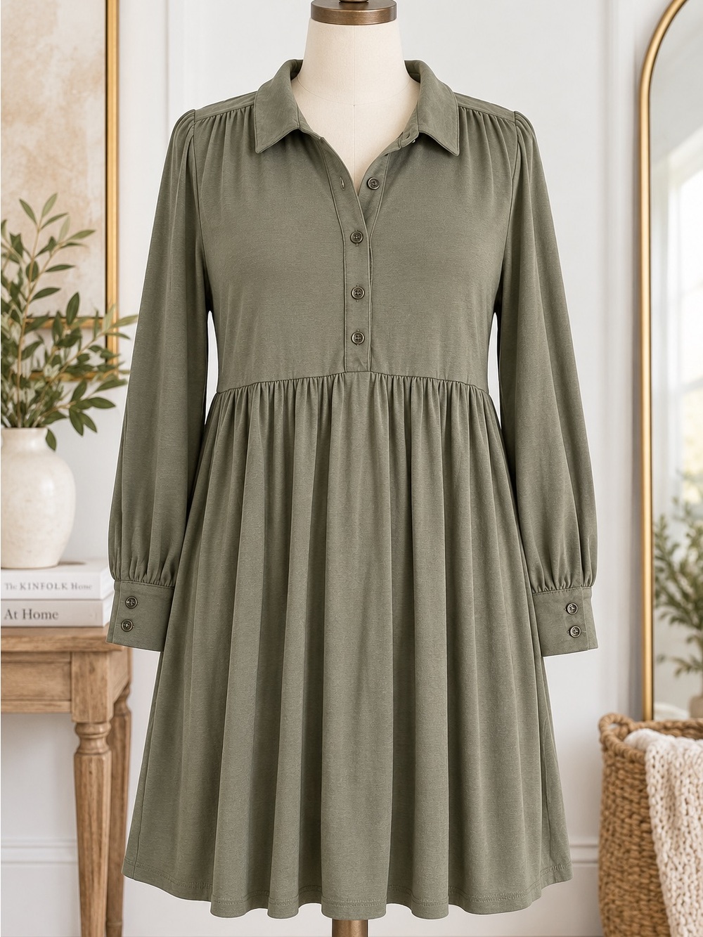 Wonderly Olive Green Babydoll Shirt Dress Large Boho Cottagecore